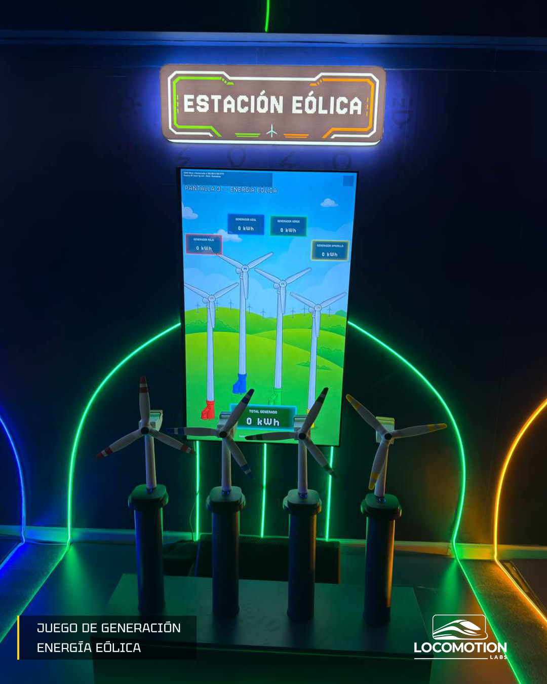 Estación eólica: cuatro molinos impresos en 3D frente a una pantalla vertical