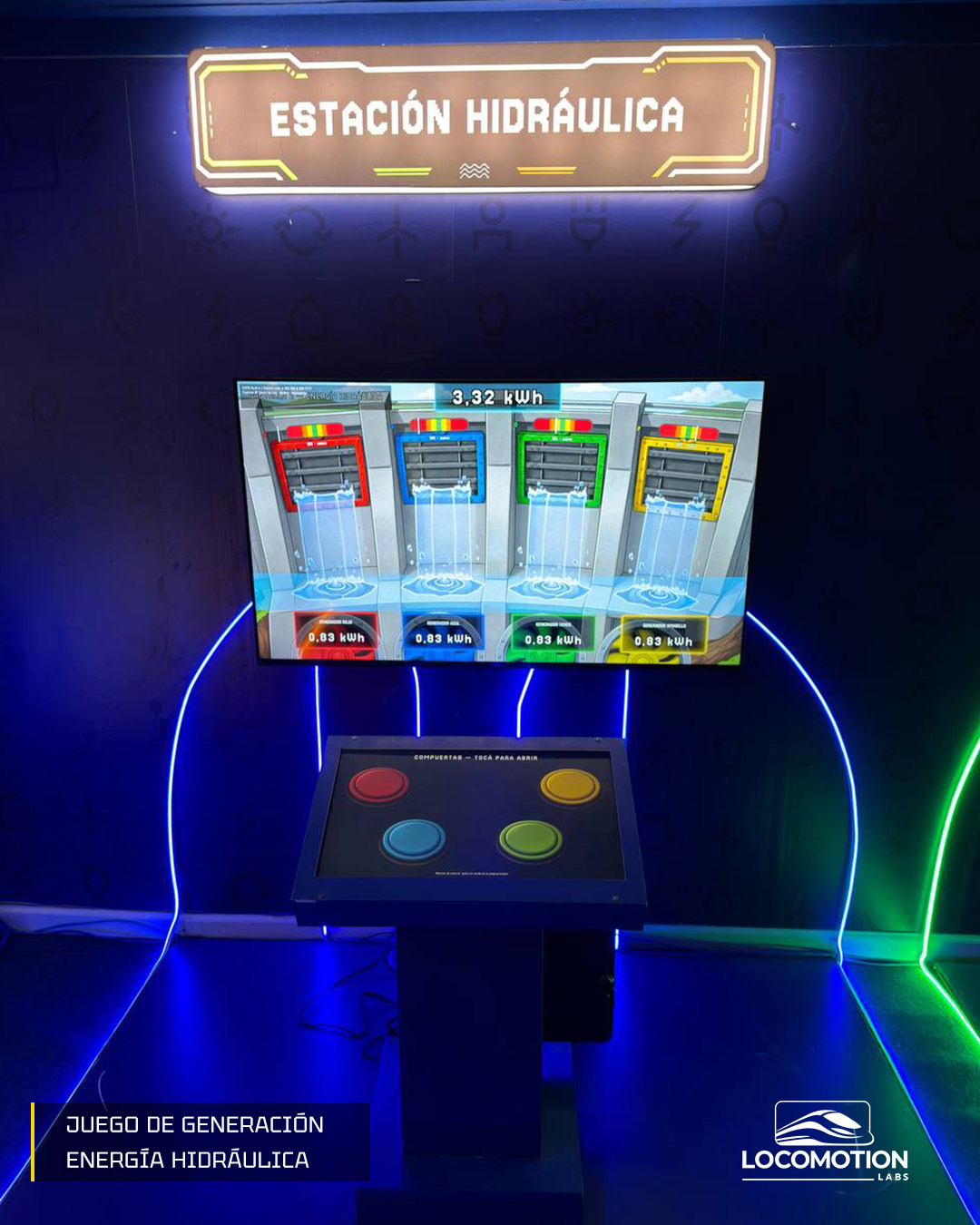 Estación hidráulica: pantalla con cuatro compuertas y panel táctil con botones de colores